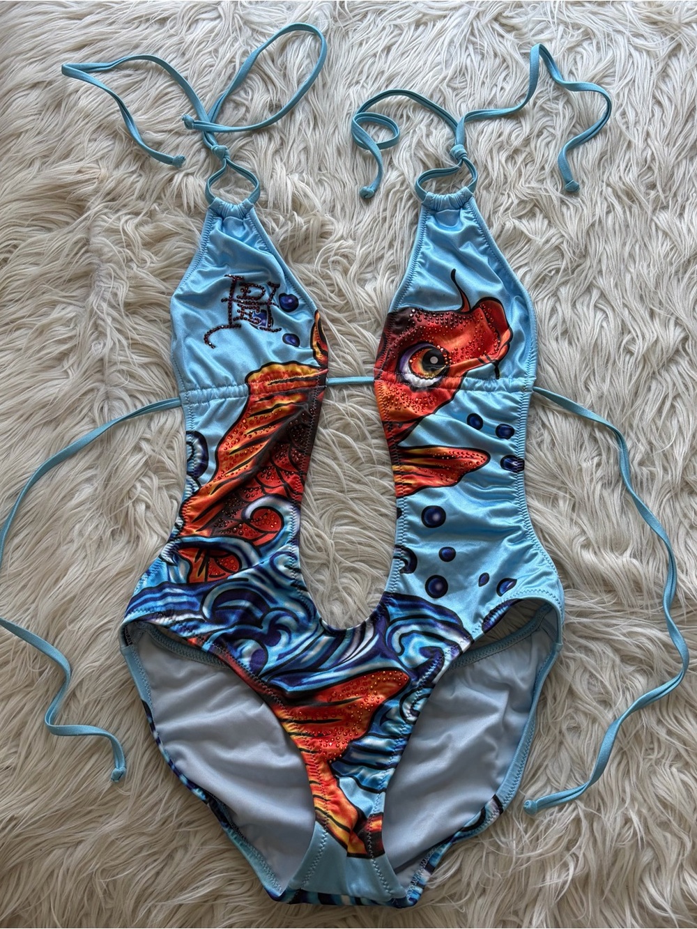 Rare Y2K Vintage Ed Hardy Koi Fish Monokini One Piece Swimsuit Rhinestone Size S